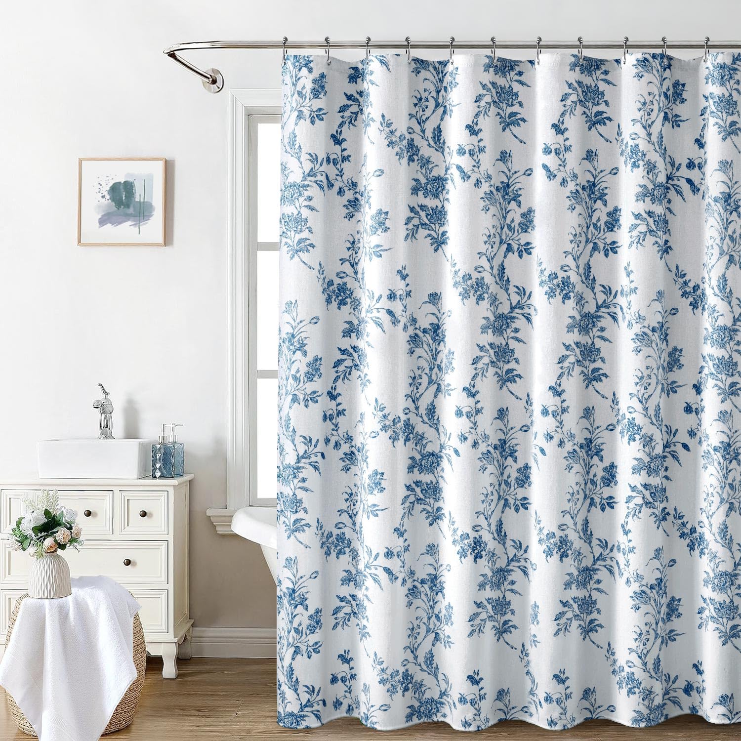 Awellife Light Blue Shower Curtain,Cotton Floral Cottagecore Shower Curtain for Bathroom 72'' W x 72'' L